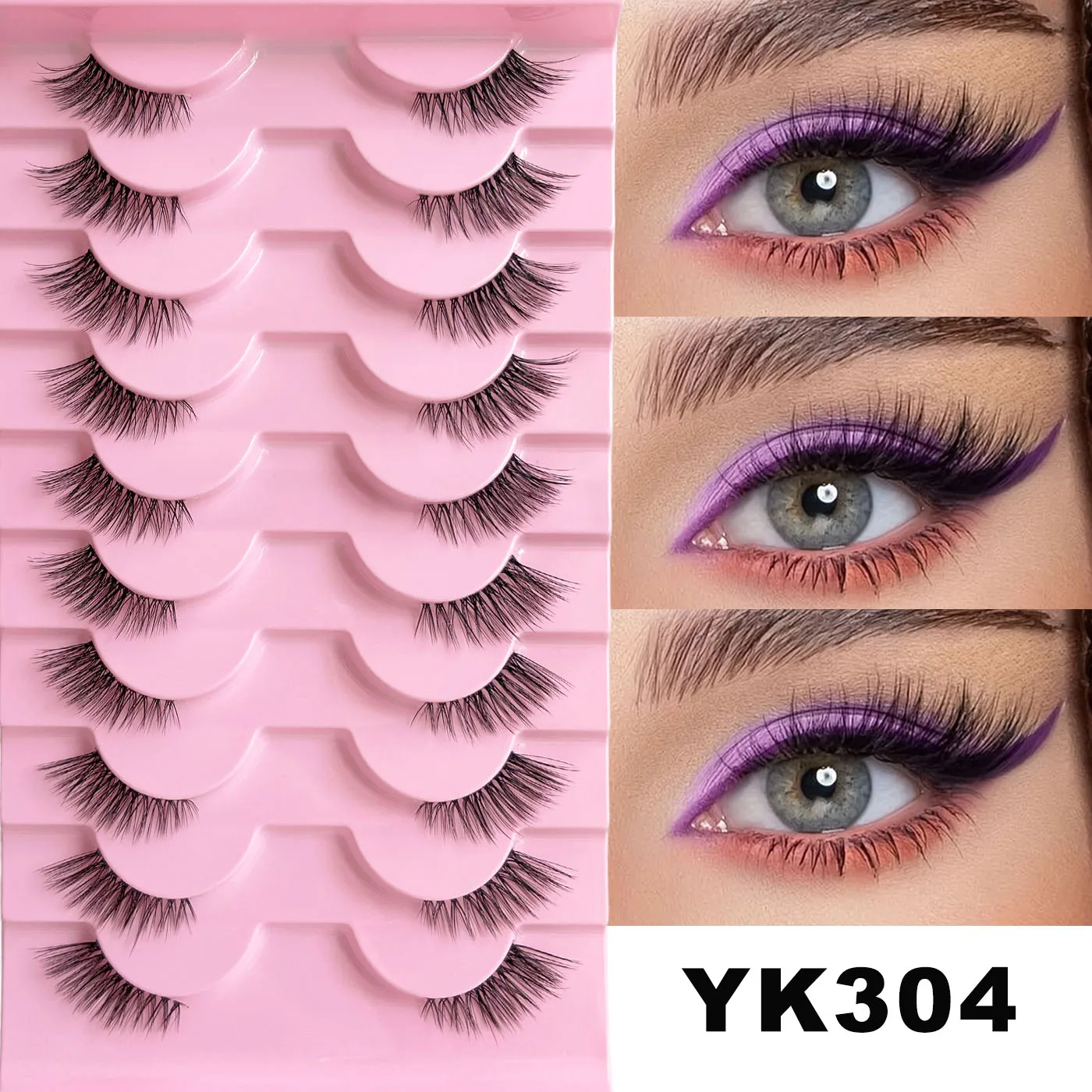 Half-eye lashes with a natural effect, lightweight and short, elongated at the outer corners, suitable for everyday makeup.
