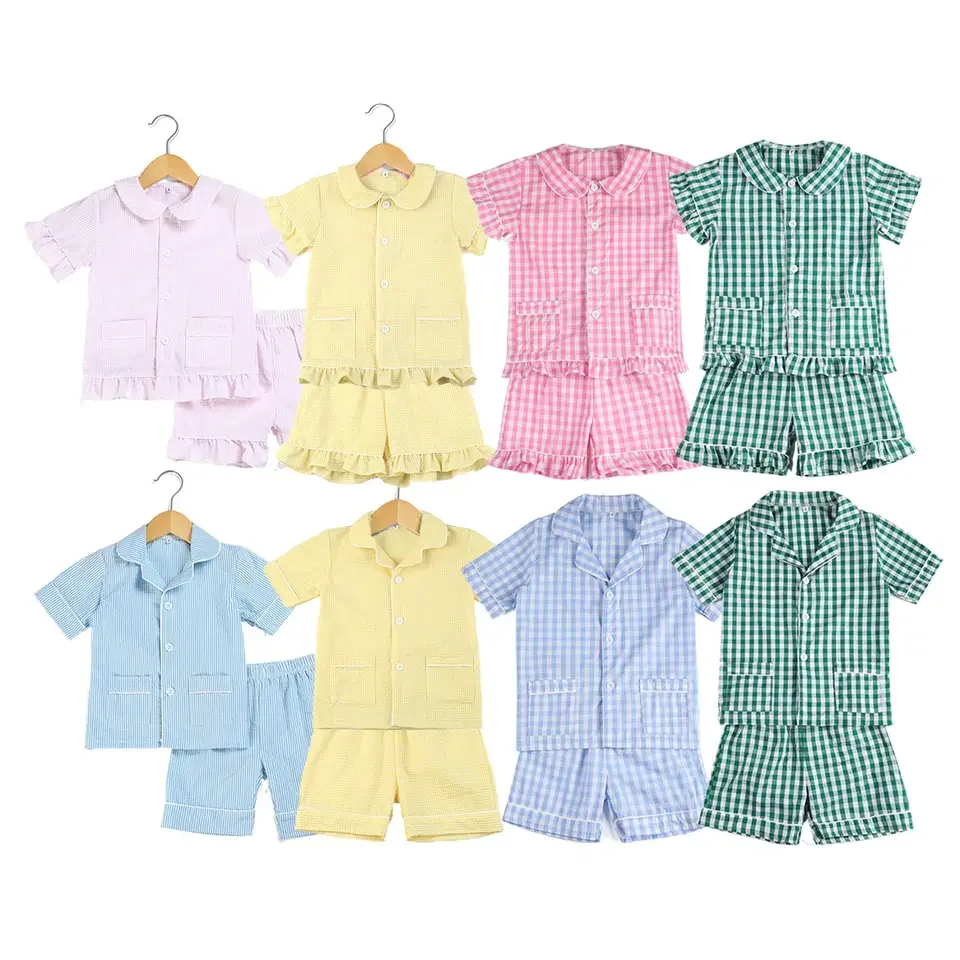 2024 Seersucker 100% Cotton Stitch Kids Pajamas Sets Loungewear Summer Pijamas Sleepwear Toddler Boys Pyjamas Baby Girl Clothes