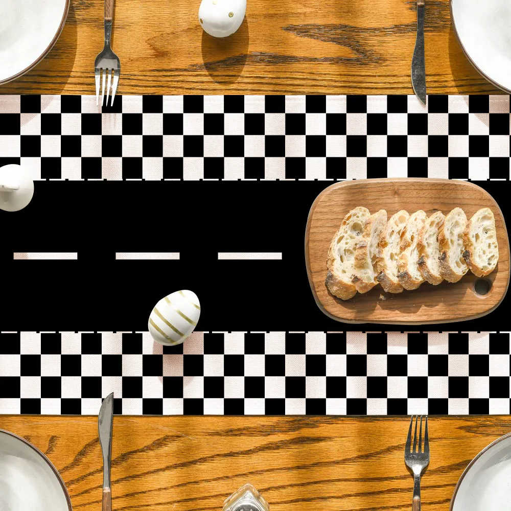 الكتان مضمار السباق الجدول عداء سباق السيارات أسود أبيض متقلب مفرش المائدة قابلة لإعادة الاستخدام سباق الطريق المسار الصبي زينة حفلة عيد ميلاد