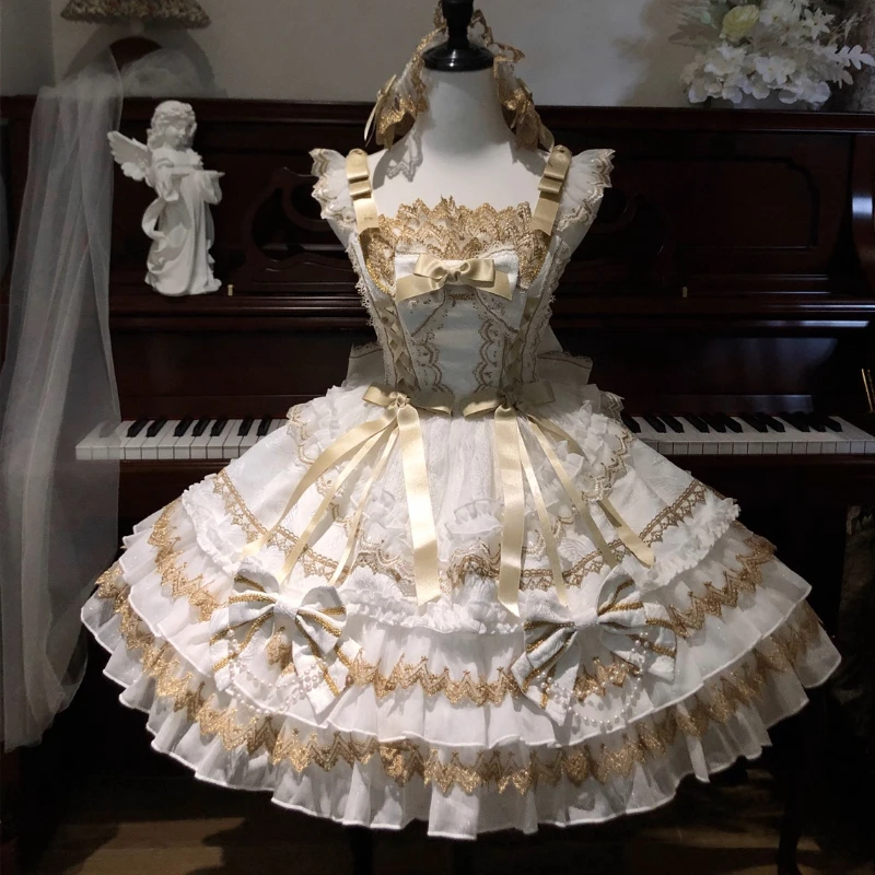 

Japanese Vintage Sweet Lolita Jsk Dress Women Elegant Cute Pearl Chain Bow Princess Dresses Victorian Gothic Evening Party Dress