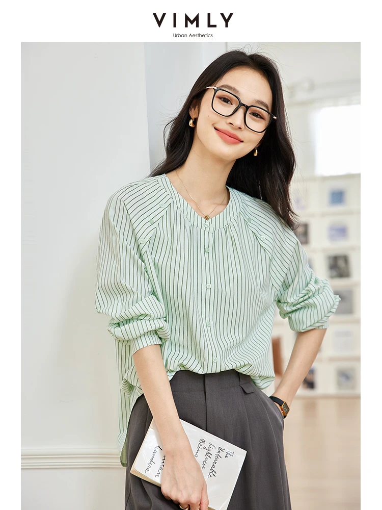 

VIMLY Simple Striped Women's Commuter Shirts Autumn Elagant Long Sleeve T-Shirt Loose Casual Shirt Versatile Blouses Tops M8395