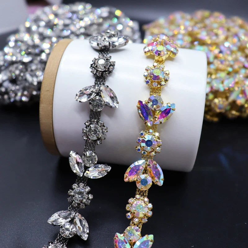 

Rhinestone Flower Chain Trim Bottom Crystal Applique for DIY Clothes Neckline Shoes Wedding Dress Diy Sewing Embellishment
