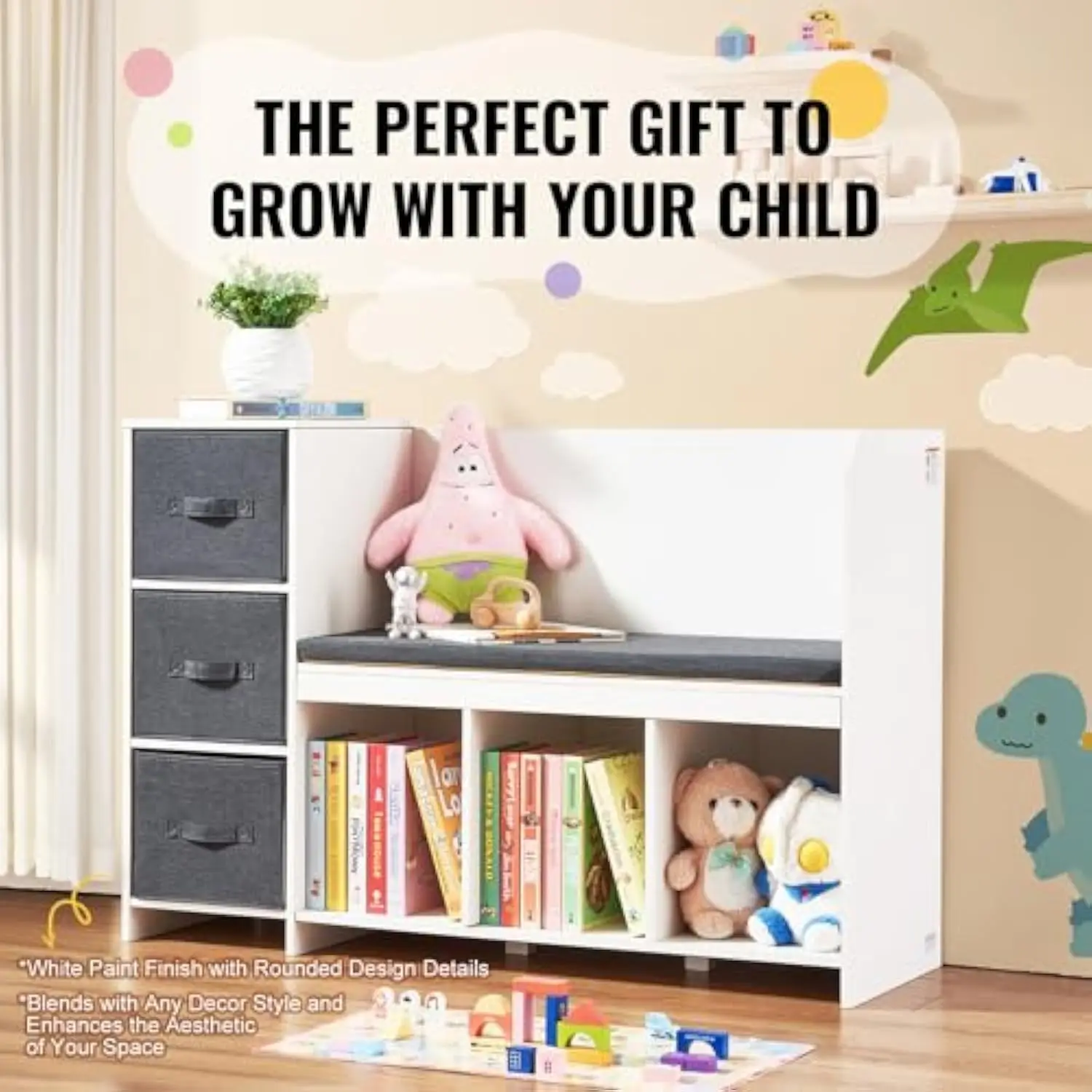 Kids Reading Nook Bench, Toddler Bookshelf and Bookcase with Detachable Seat Cushion, 6-Cubby Storage Organizer Bench with 3 D