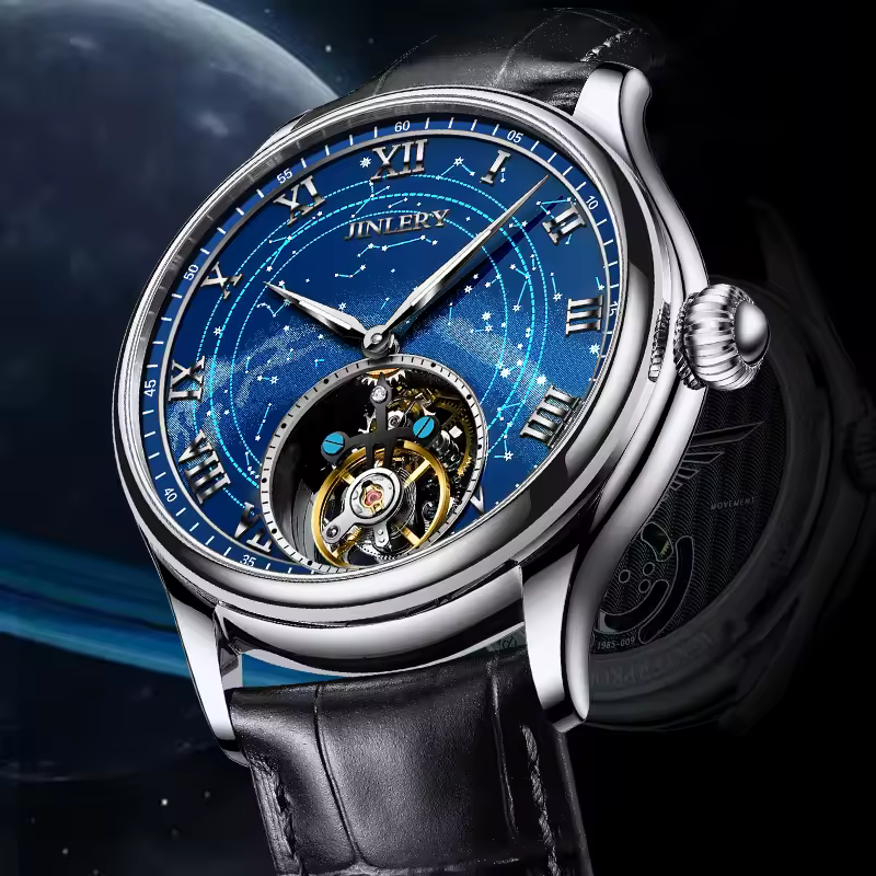 Новые мужские механические часы Super Jinlery True Flying Tourbillon с сапфировым циферблатом и эффектом Млечного Пути, в кожаном ремешке.