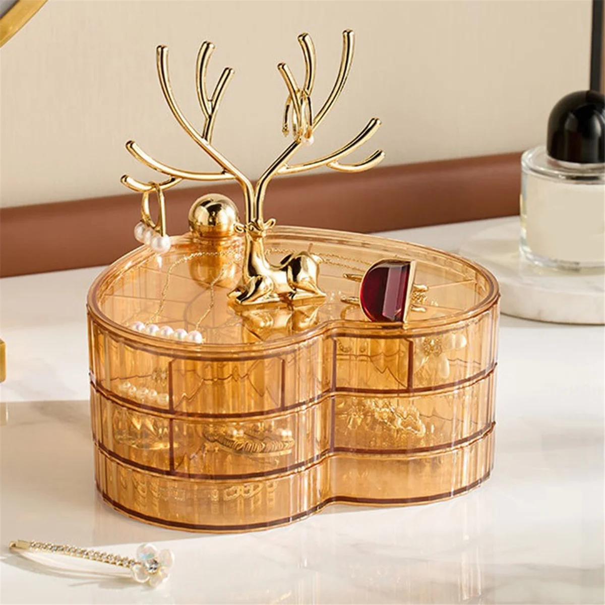 Jewelry Boxes & Organizers, 3-Layer Rotating Jewelry Tray Case, Long Antlers for Rings, Jewelry Storage Box,B