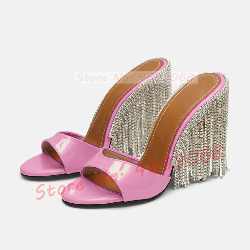 

Crystal Tassels High Heels Slippers Women Gorgeous Thin Heel Patent Leather Shoes Female Open Toe Summer Bling Chain Sexy Mules