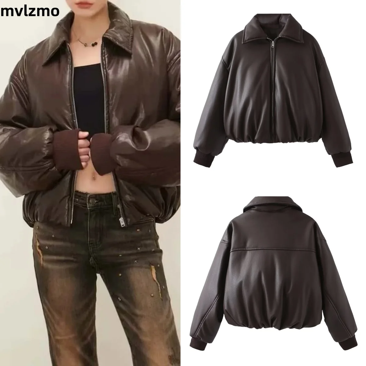 Vintage Lapel Zippers Spliced Leather Jacket Women Overtised Long Sleeve Double Pockets Coat Female 2024 Autumn Street Outerwear