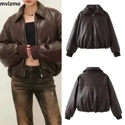 Vintage Lapel Zippers Spliced Leather Jacket Women Overtised Long Sleeve Double Pockets Coat Female 2024 Autumn Street Outerwear