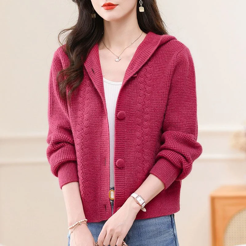 

Вязаный кардиган с капюшоном, свитер, куртка для женщин, новинка 2025, свободная и уличная одежда, мода