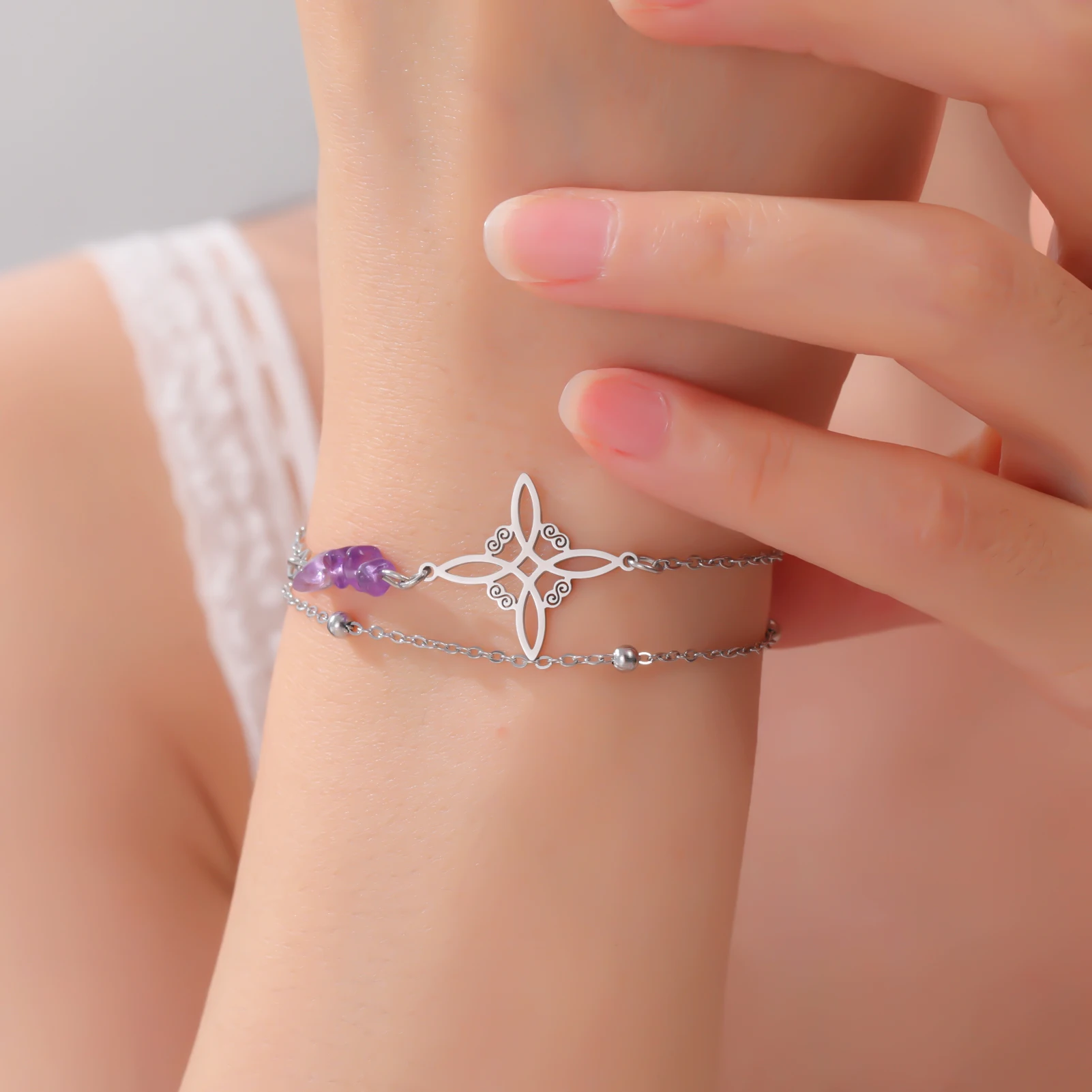 COOLTIME Amethyst Hexenknoten Armband für Frauen Edelstahl Gold Farbe Hexe Schmuck Geschenk Großhandel – Detail 5