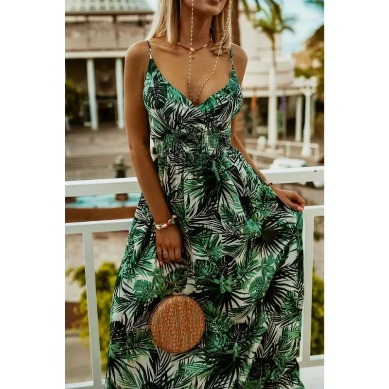 Damen Sommerkleid mit V-Ausschnitt, ärmellos, Leibchen, Pendler, bedruckt, Chiffon, böhmisches Blumenkleid