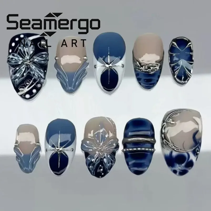 24PCS Short Almond False Nails Glossy Blue Flowers Shell French Press on Nails Metallic Silver Pattern Fashion Acrylic Nail Tips