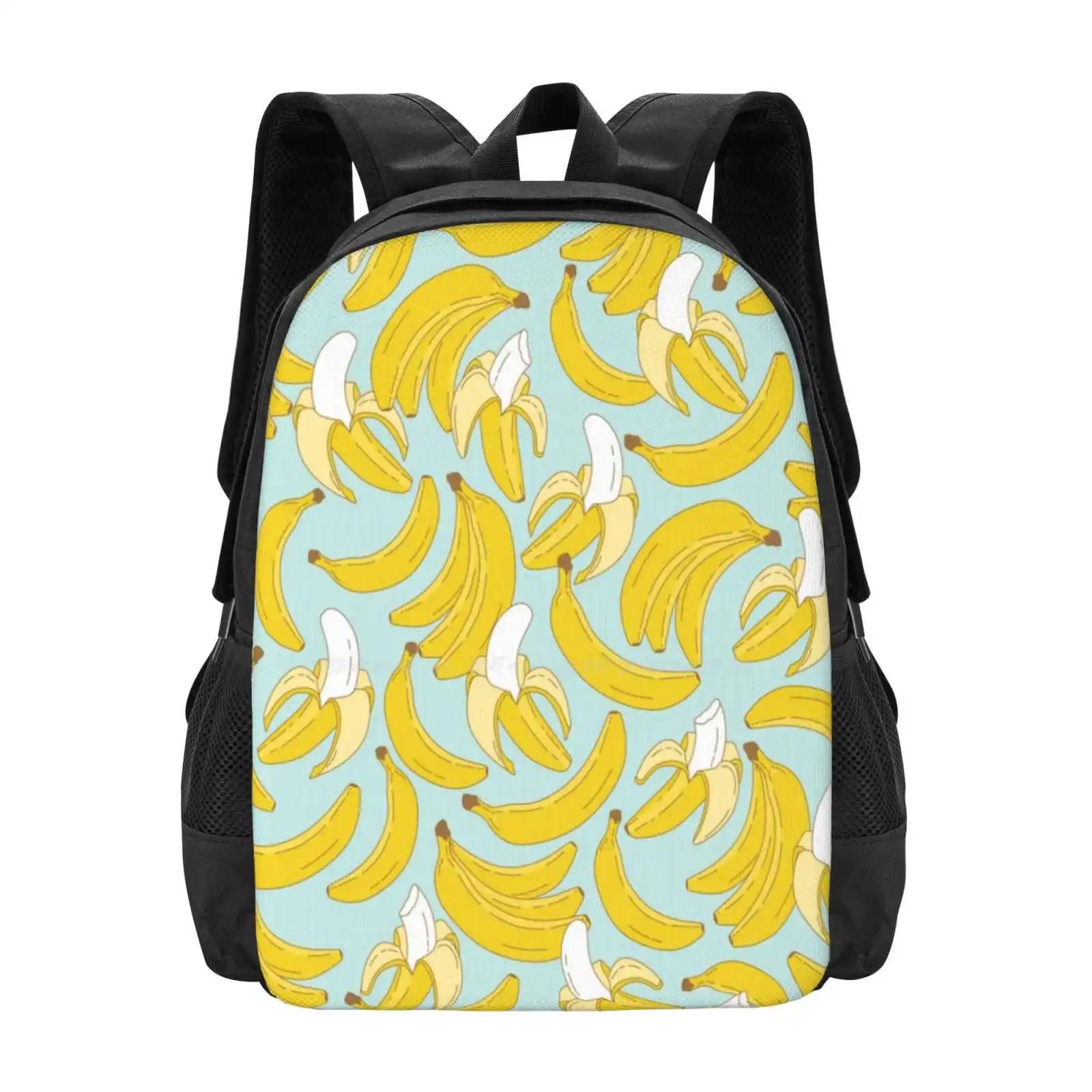 Mochila escolar de gran capacidad con patrón de plátano sobre fondo turquesa, bolsas para computadora portátil, patrón de frutas amarillas lindas, Yummy, colorido