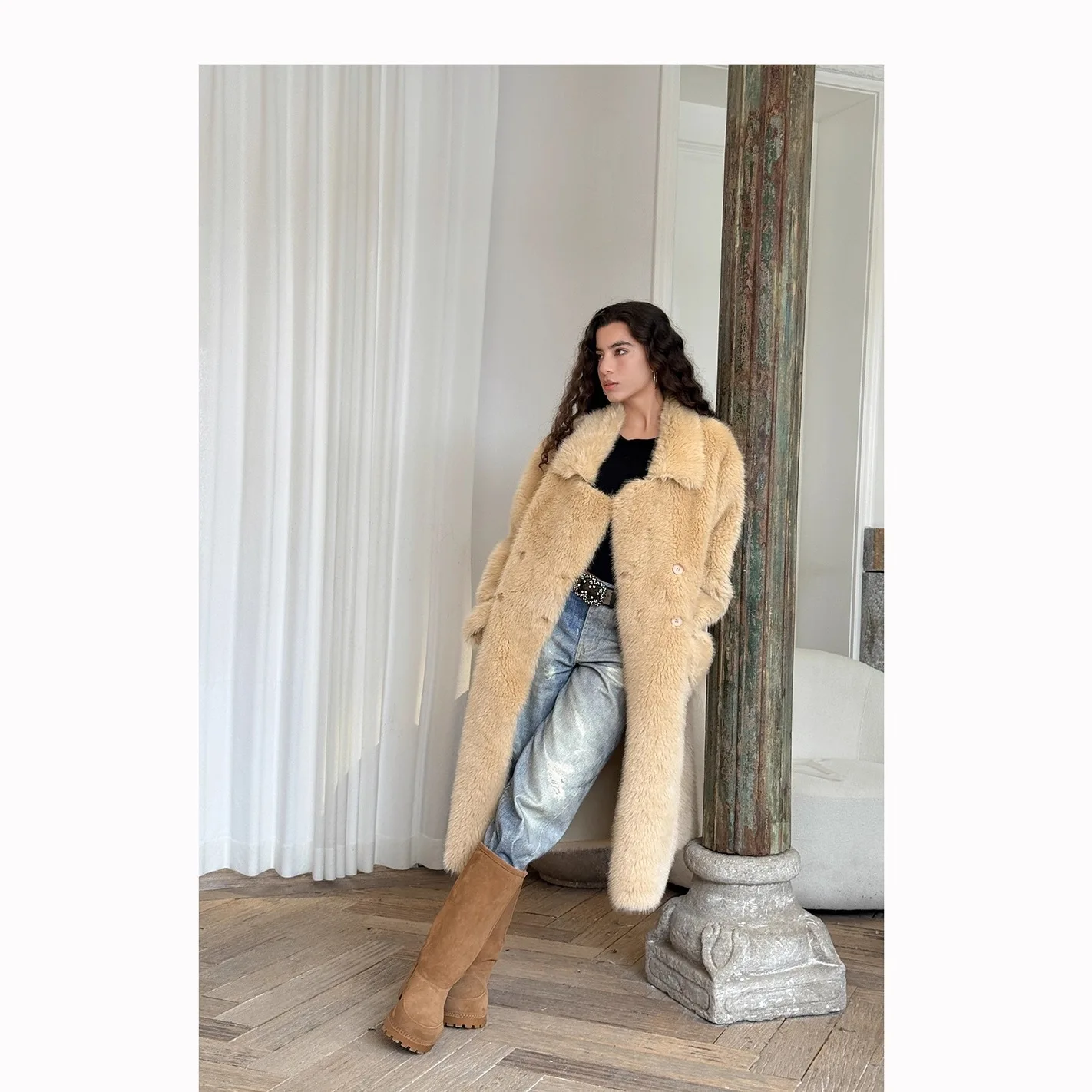 سترة نسائية شتوية من الفرو الصناعي من KIDCRKJ بياقة كاكي وطية صدر واحدة معطف فرو صديق للبيئة للسيدات ملابس خارجية طويلة بمزاجية للسيدات #2