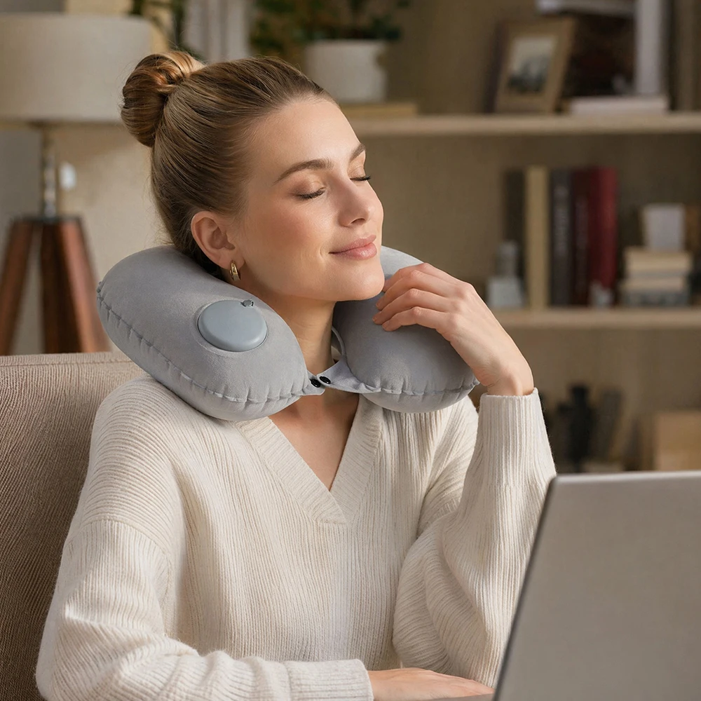 1 U-shaped Inflatable Neck Pillow, Portable Compression Inflatable U-shaped Support Pillow, Office Travel Outdoor Neck Pillow