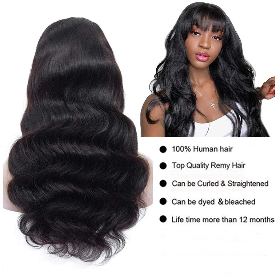 BPHW 12A Body Wave Wig With Bangs 30 inches Body Wave Human Hair Wigs 180% Density Fringe Remy Full Machine Made Wig For Women