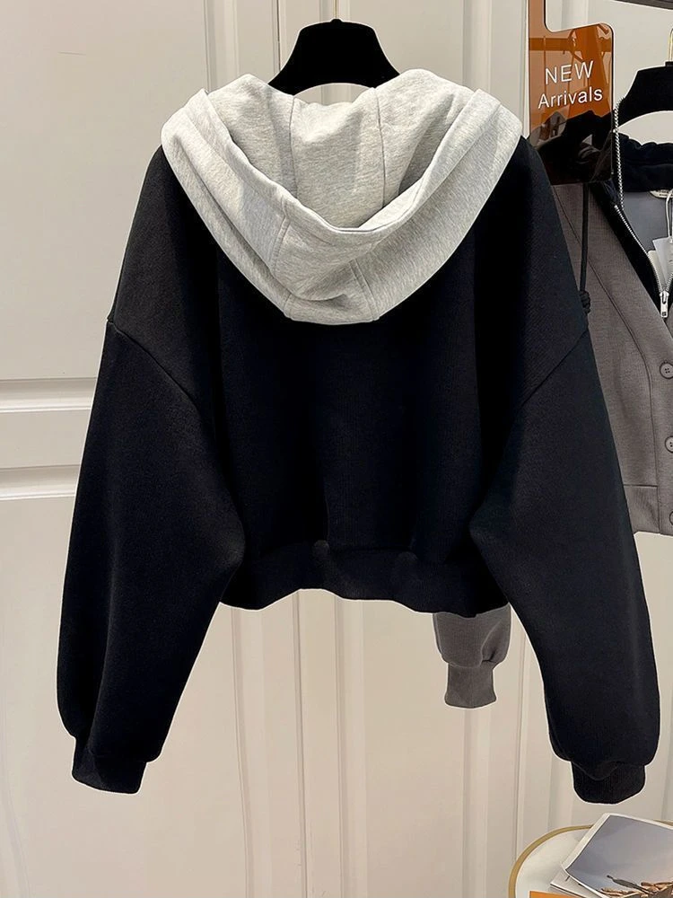 American Retro Hot Girl fake Two Piece Set Hooded Zipper Sweatshirt Autumn/Winter Y2K Harajuku Splicing Women's Tops emo