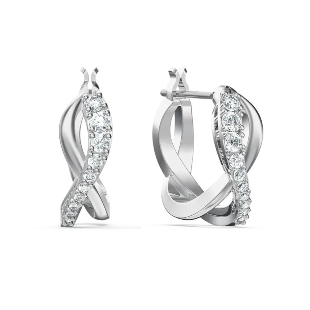 

Серебристые витые серьги-кольца C-образной формы – с акцентом из прозрачных кристаллов паве