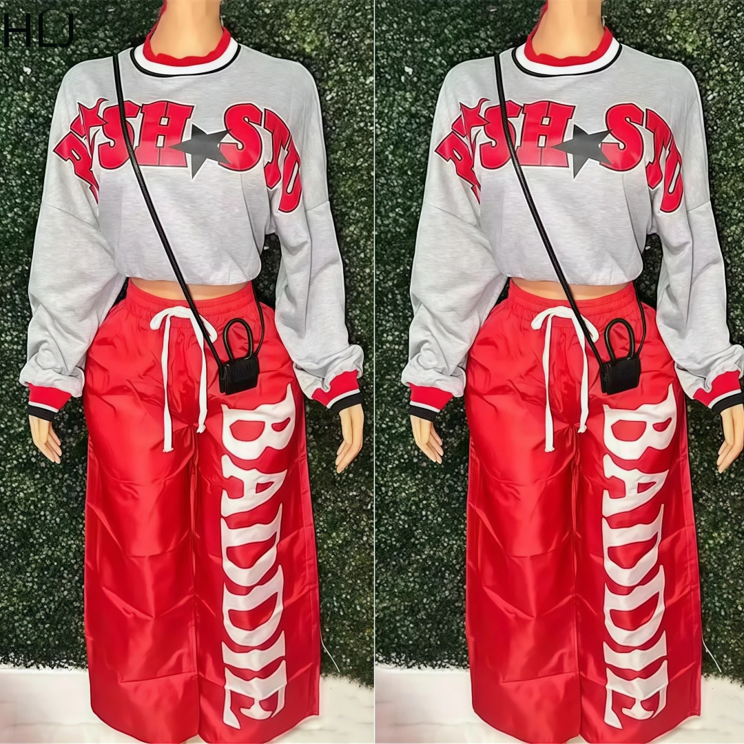 

HLJ Y2K Letter Print Long Sleeve Pullover Two Piece Sets Women Long Sleeve Crop Top+Drawstring Pants Outfits Fashion Streetwear