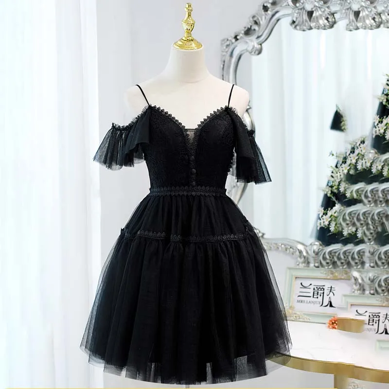 

Black Simple Evening Dress Sexy V-Neck Knee-Length Elegant Short Sleeves Lace Up A-Line New Tulle Party Formal Gown Woman B2077