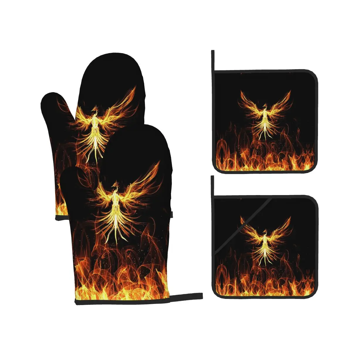 Majestic Phoenix Mythical Bird Oven Mitts and Pot Holder Sets of 4 for Baking Kitchen Cooking Grilling Resistant Non-Slip Gloves