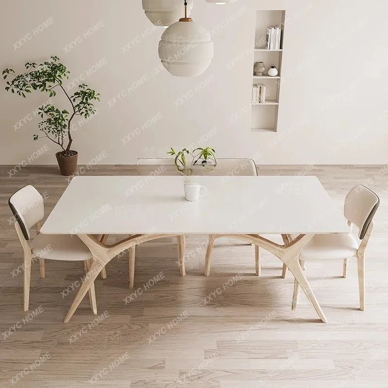 Log Cream Wind Rock Slab Dining Table Matte Milk White, Household Simple Nordic Japanese Ash Wood, Dining Table And Chairs