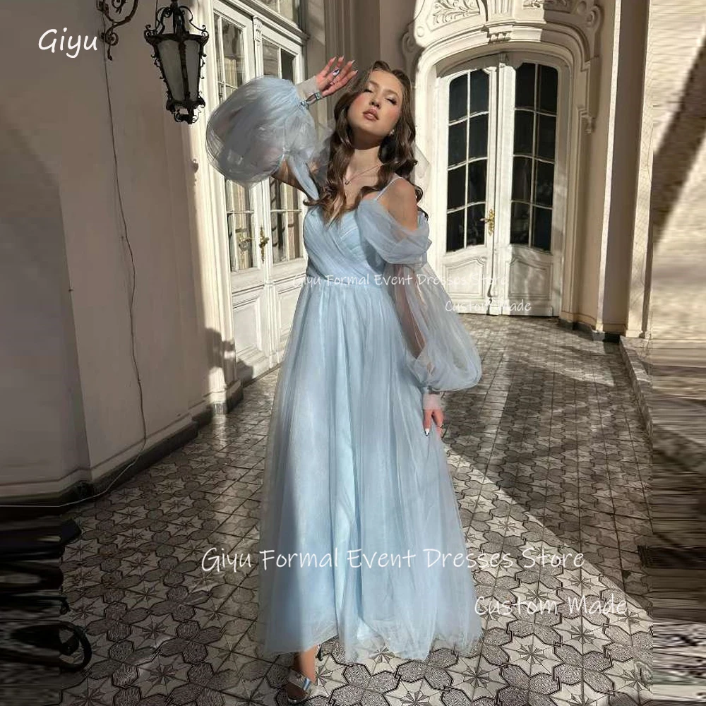 Giyu Elegant Light Blue Tulle Prom Party Dresses Puff Long Sleeves Sweetheart Ankle Length Evening Gowns Graduation Dress