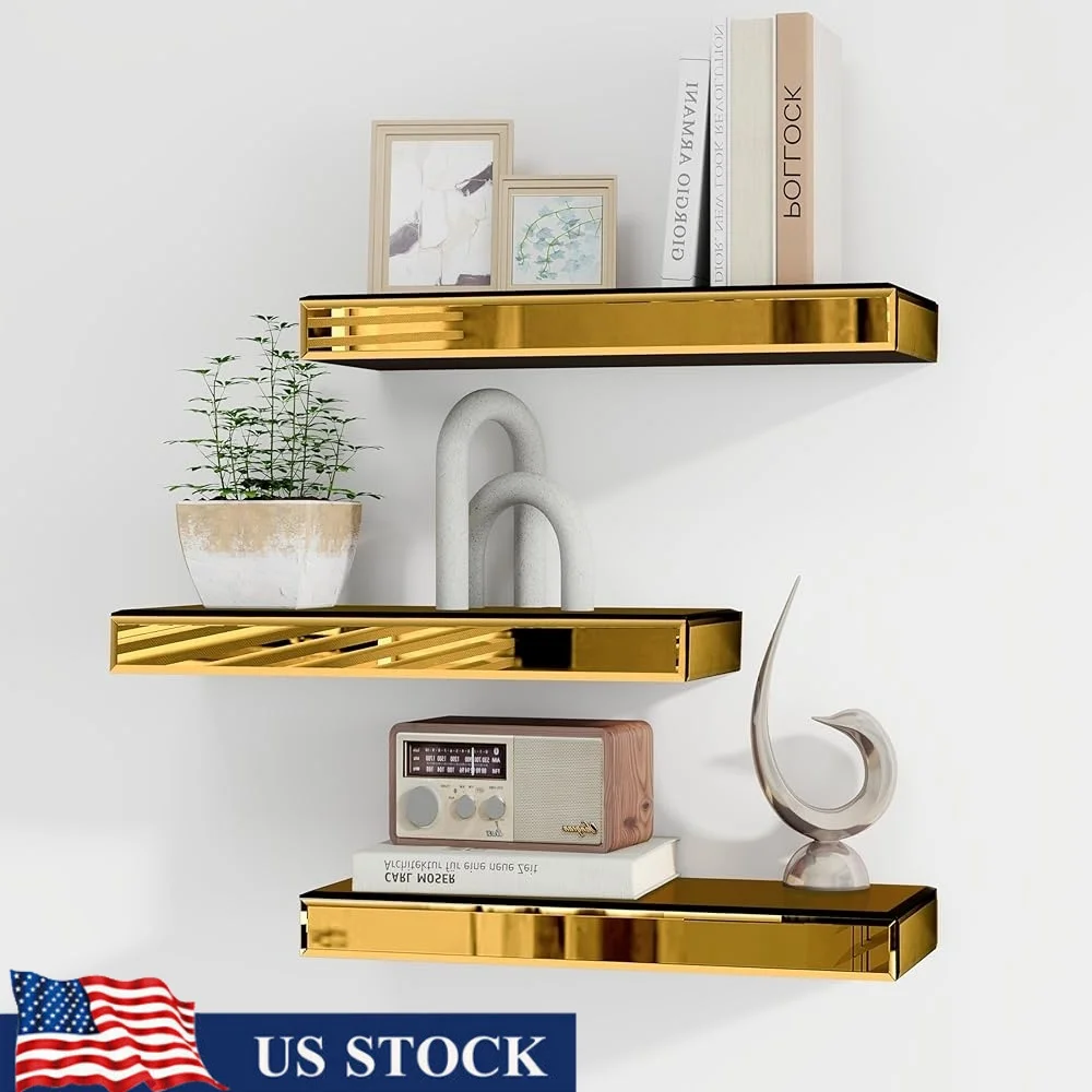 

Set of 3 Glass Floating Wall Shelves with Invisible Brackets Bathroom Living Room Bedroom Kitchen Home Office Storage