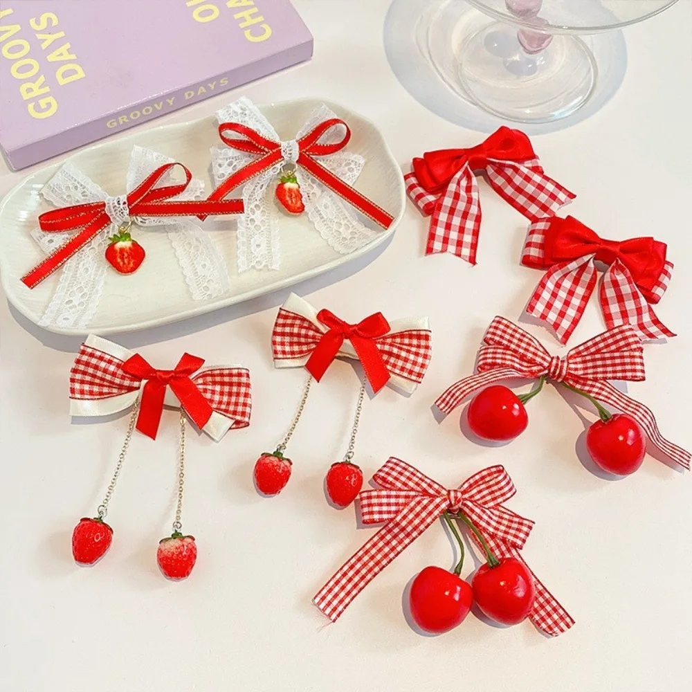 1pair Red Cherry Hair Clip Cute Barrettes Headwear Cloth Bow Strawberry Side Hairpins Headflower Bow Hairpins Girls