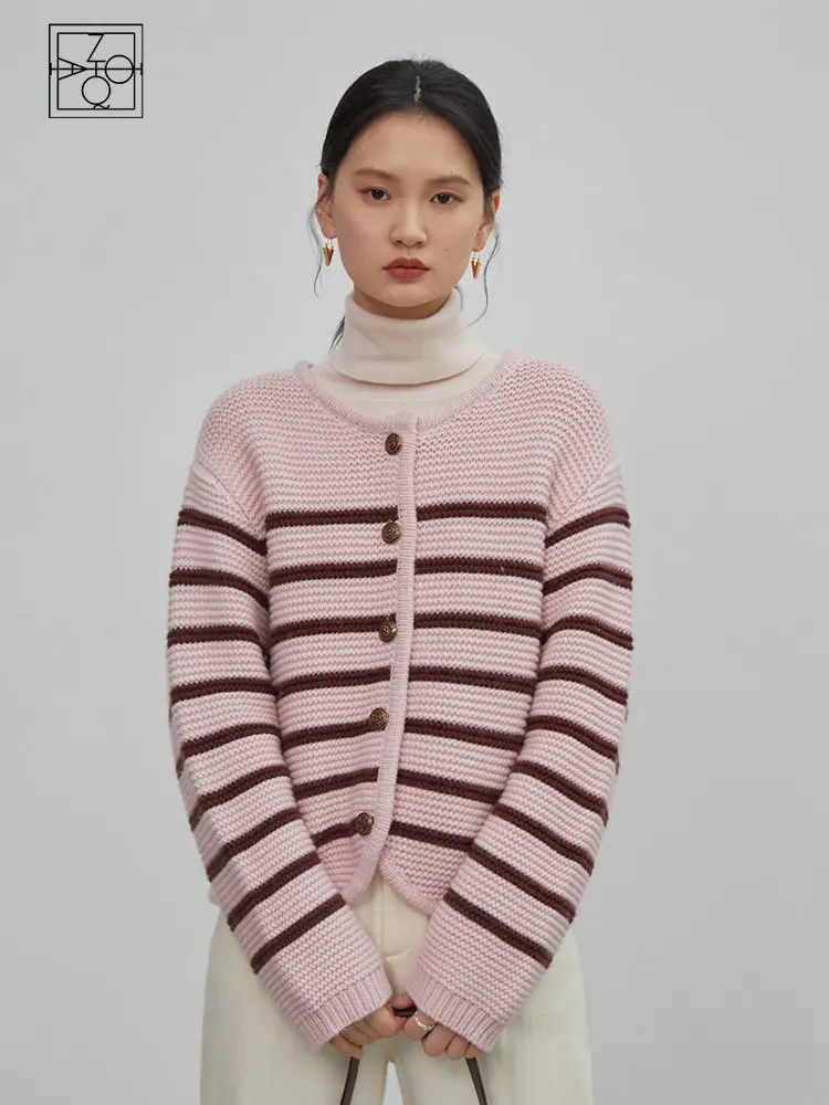 

ZIQIAO 28.8% Wool Stripe Design Loose Women Cardigans Drop Sleeve Round Neck Sweater Retro Pink 2022 Women Knitting Tops