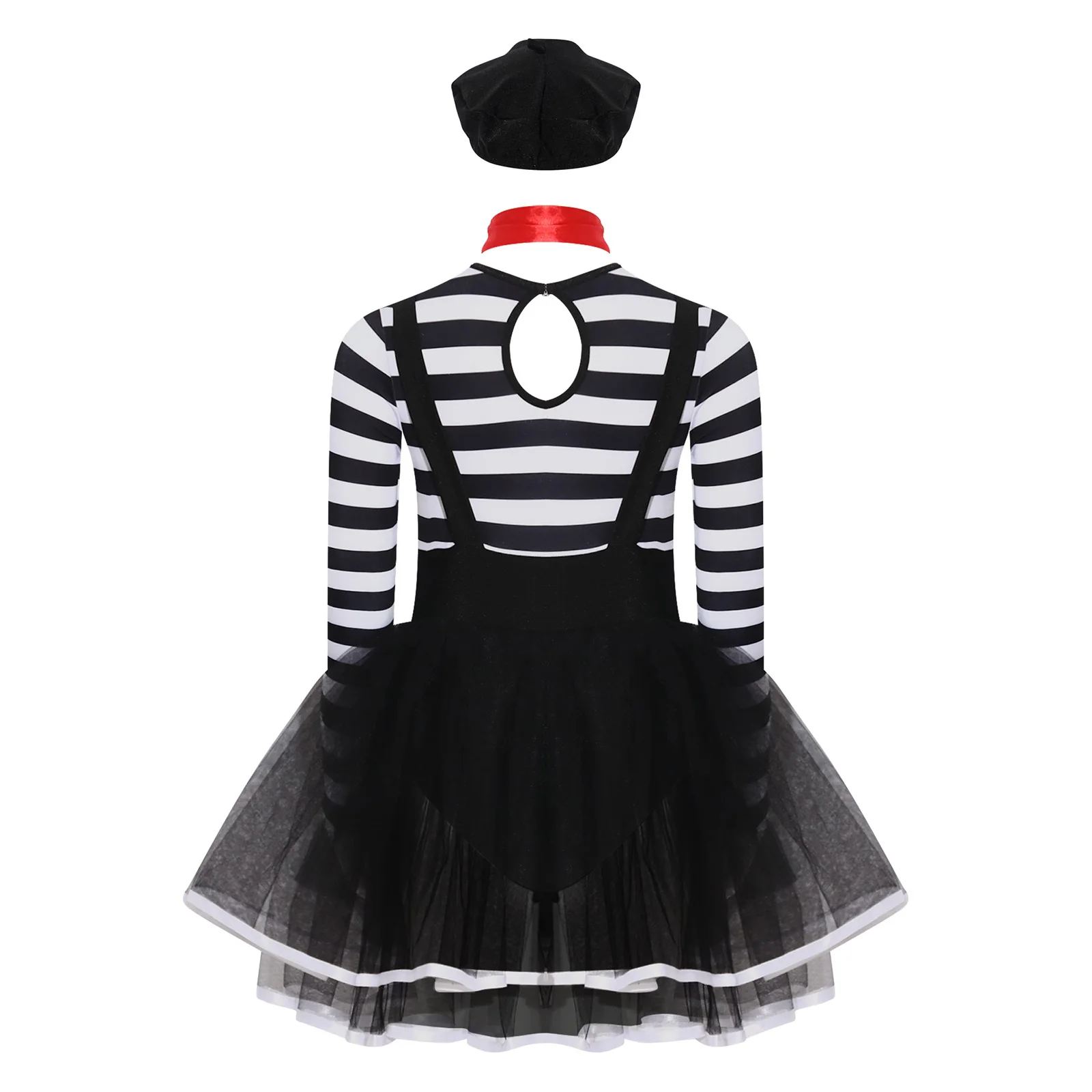 Girls Anime Circus Clown Artists Fancy Dress Up Striped Long Sleeve Ruffle Skirt Ballet Leotard Tutu Dress Hat Halloween Costume