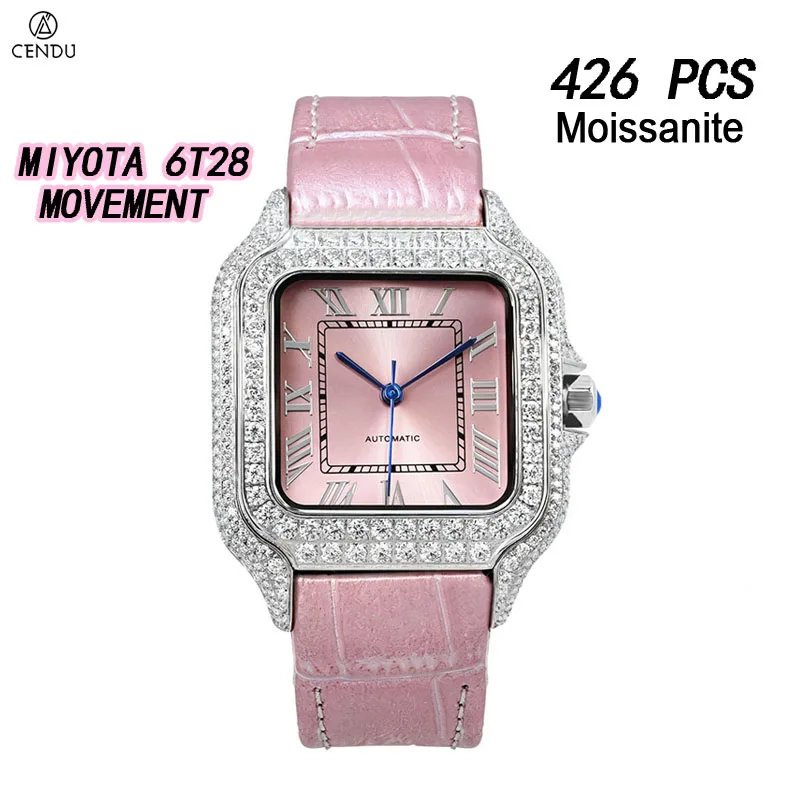 VVS Moissanite Diamond Watches for Men Square Watches Jewelry Mechanical Miyota 6T28 Stainless Steel 5ATM Lethear Strap Pink