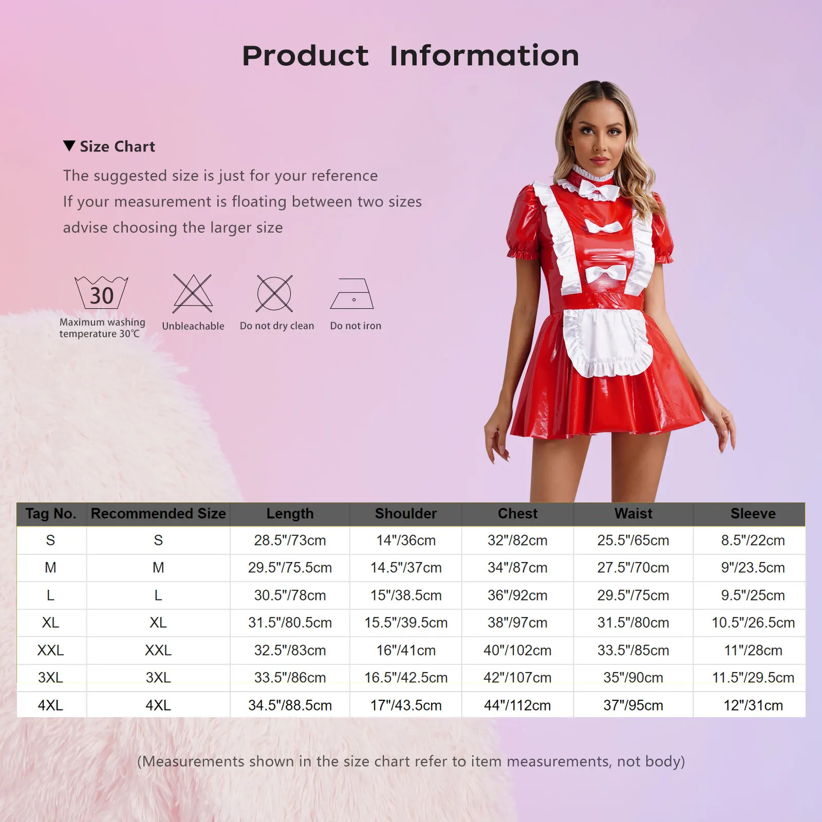 Womens Naughty Maid Uniform Clubwear Glossy Patent Leather Maid Cosplay Dress Ruffles Trims Bow Apron Puff Sleeve A-Line Dress