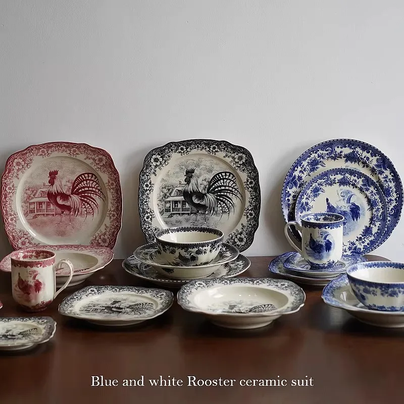 Classic Rooster Pattern Ceramic Tableware Plate Mug Soup Bowl Round Plate Gift