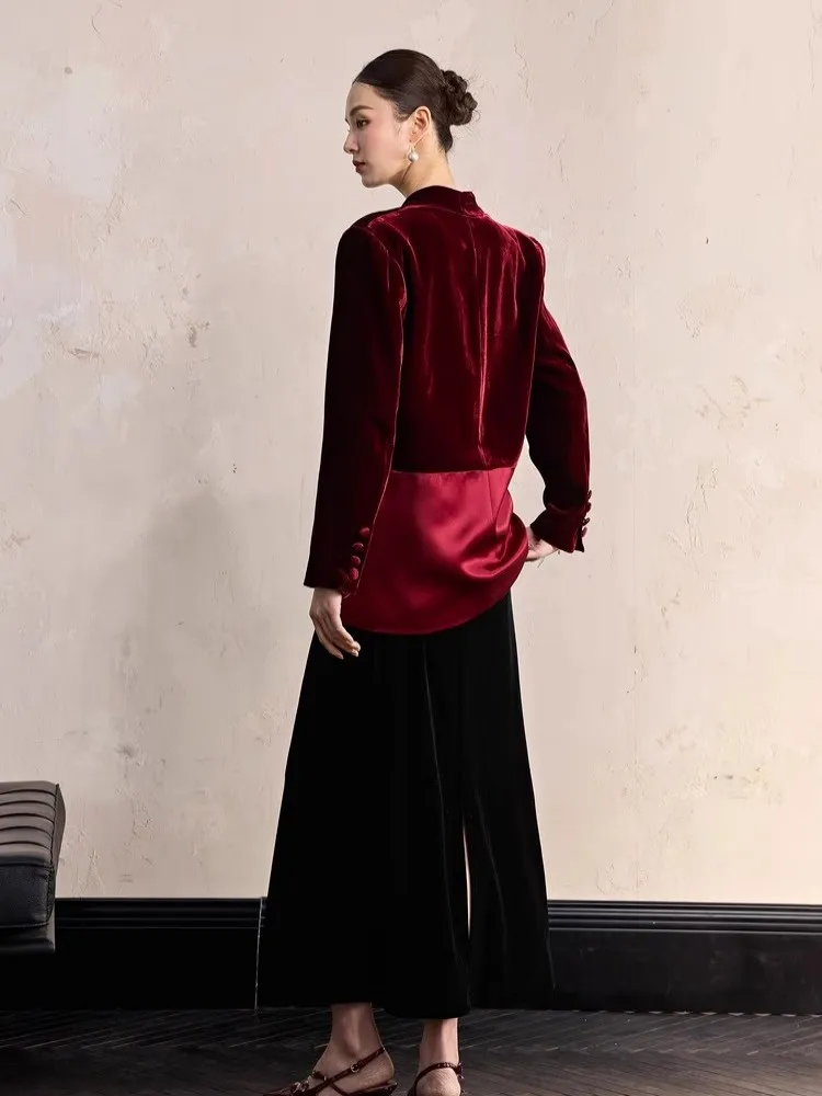 One Button Velvet Spliced Women Blazers Contrast Color Suit Jacket V-Neck Work Lady Loose Fit Outerwear Long Sleeve Autumn Coat