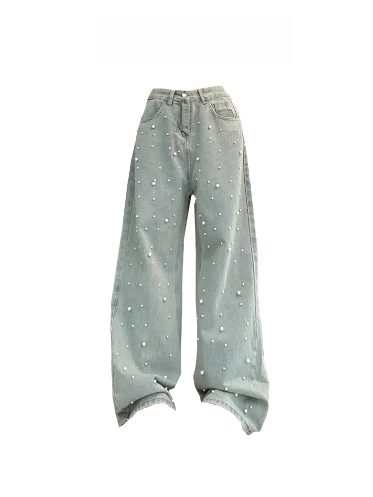 Retro American Heavy Duty Pearl Denim Jeans Women's Spring Summer Washed Light Blue Long Straight Wide Leg Loose Trousers