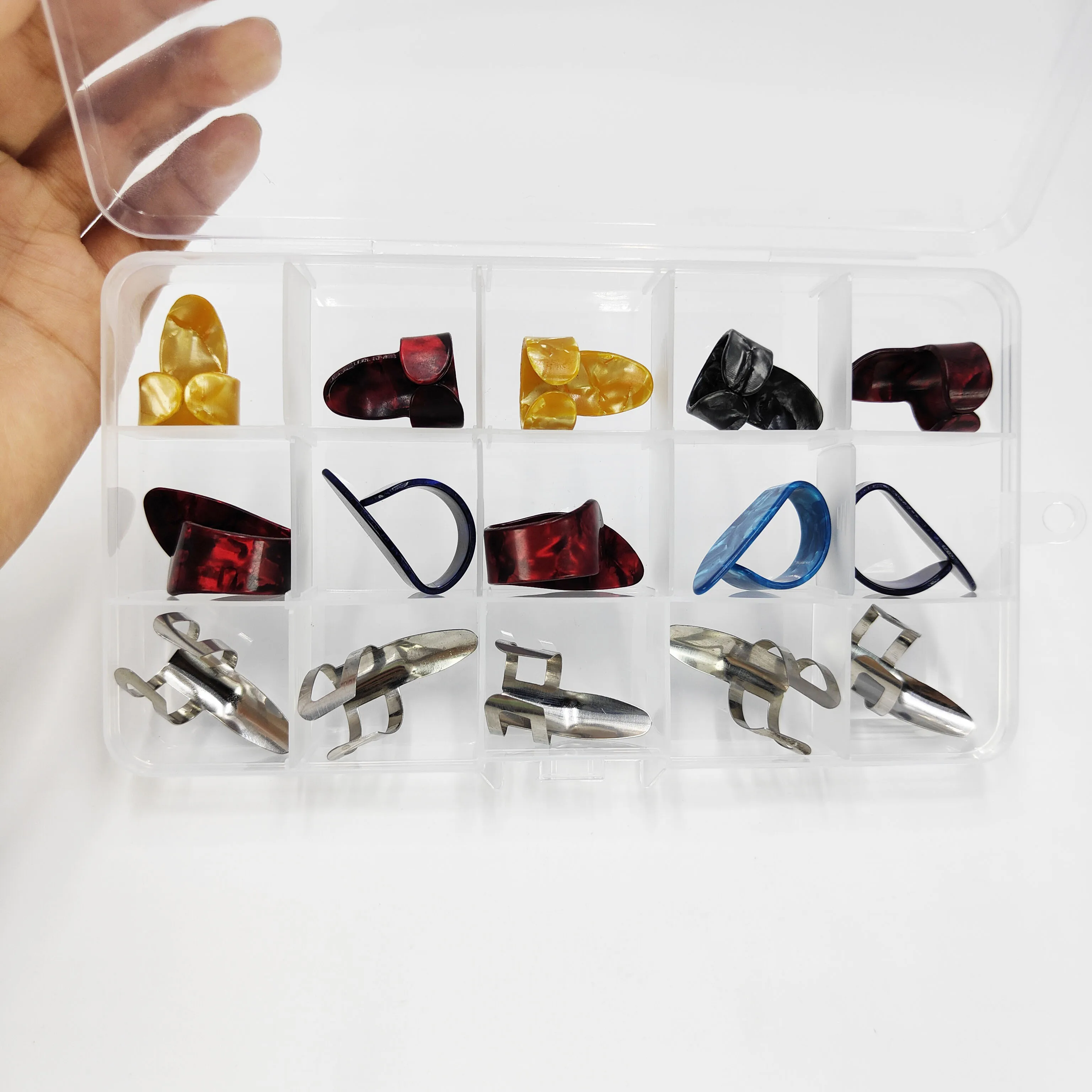 15PCS/set Celluloid Guitar Finger Picks Thumb Sizes Fingerstyle Protector Anti-Slip Bass /Electric Guitar Finger Picks box set