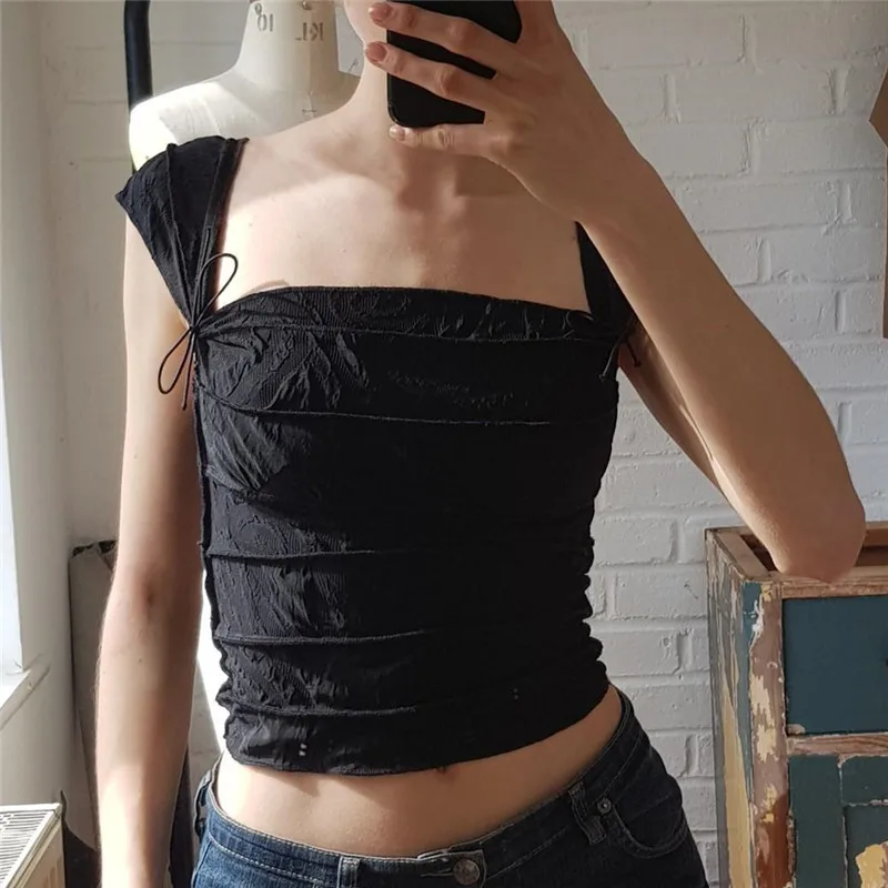 WhereMery Y2K Cute Bow Lace Up Crop Top Aesthetic Texture Square-neck Sleeveless T Shirt 2023 Summer Women Streetwear Slim Tees