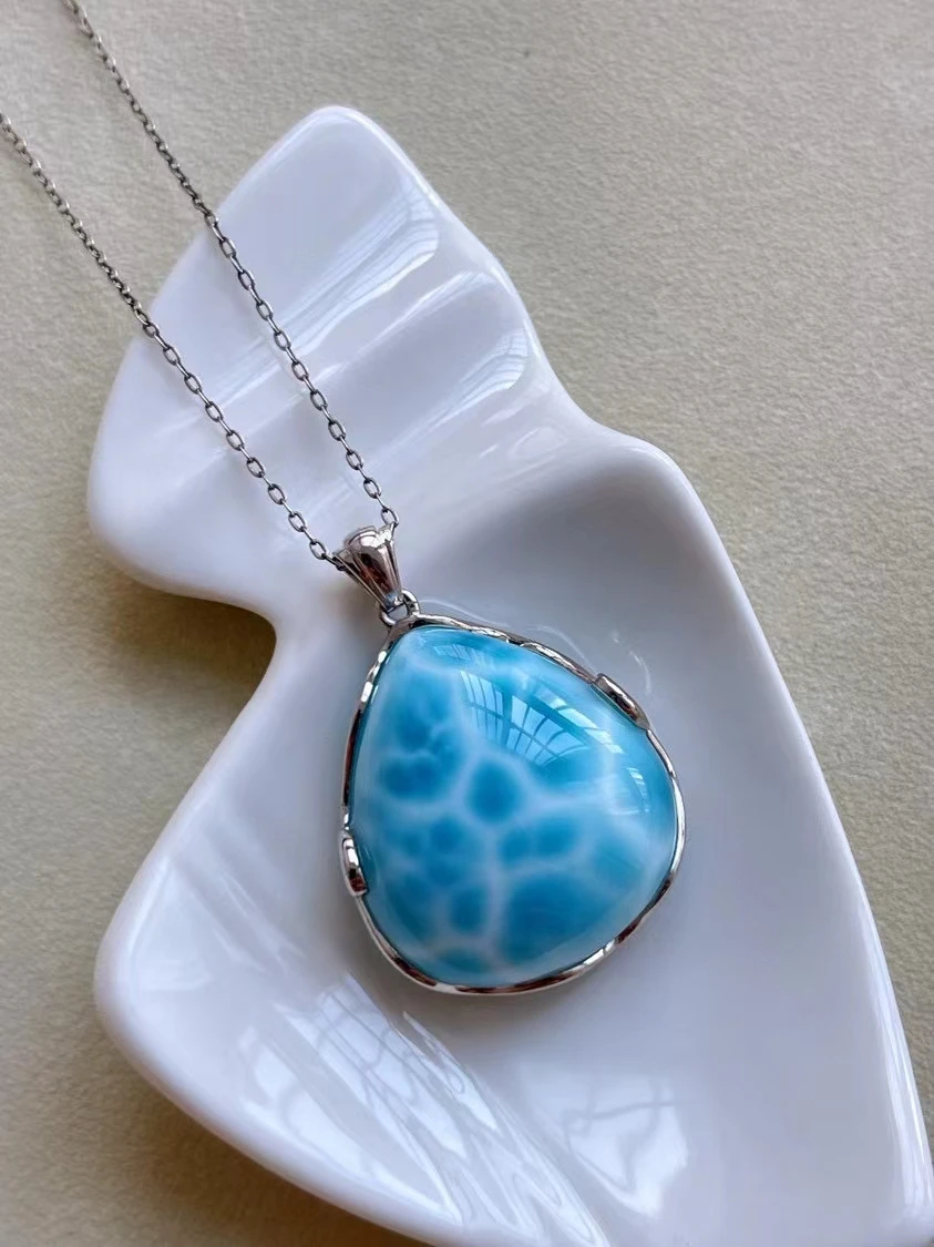 Colgante de Larimar azul Natural para hombre y mujer, collar de amor con patrón de agua, 44x27X10,8mm, de domia AAAAAAA