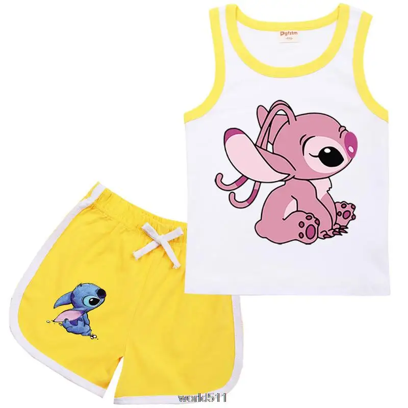 Stitch Summer Children Kids Sport Basketball Set Baby Boys Girls Cartoon Vest Sleeveless Tops +Shorts Outfit Clothes Pink