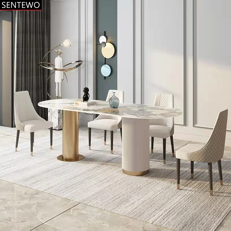 SENTEWO Free Shipping Nordic Luxury Rock Slab Dining Table Set 6 Chairs Twin Pillars Golden Frame Dinning Tables With 4 Chair