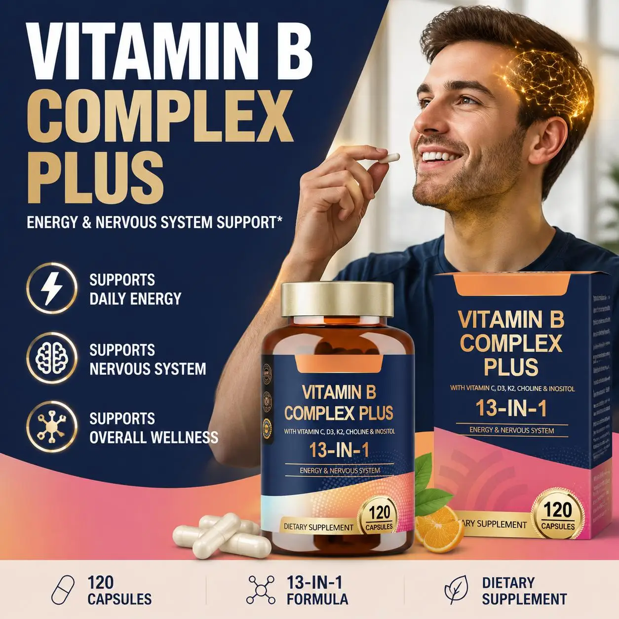 Vitamin B Complex Plus 13-in-1 Capsules with Vitamins C, D3, K2, Choline & Inositol for Energy & Nervous System - 120 Capsules