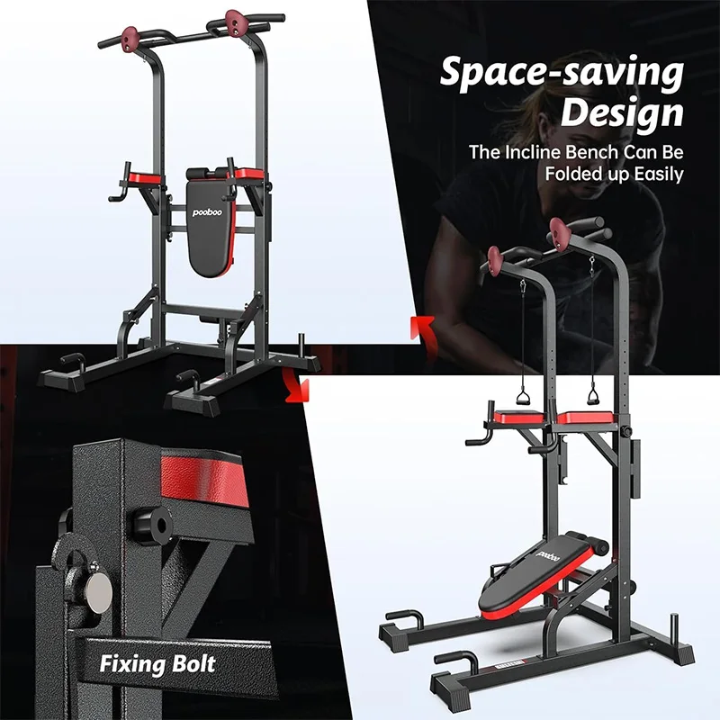 Pooboo Adjustable Power Tower, 450lbs Capacity Strength Training Station with 11 Height Levels for Pull Ups, Dips, Knee Raises & Push Ups
