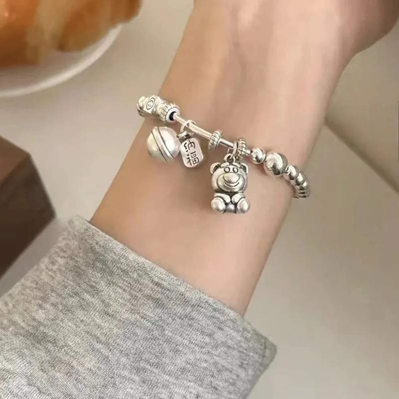 New Style Sweet Bear Animal & Lucky Bell Thai Silver Female Charm Bracelet Jewelry  For Women Birthday Gifts