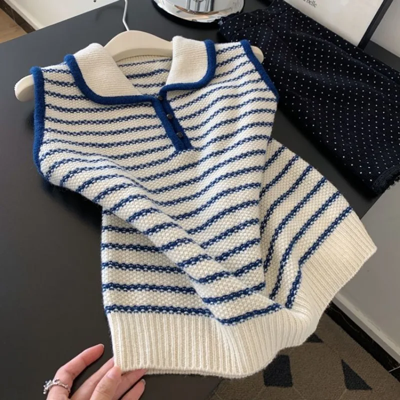 

Модный жилет без рукавов с воротником-поло, осенне-зимний женский вязаный свитер в полоску с цветными блоками, топ