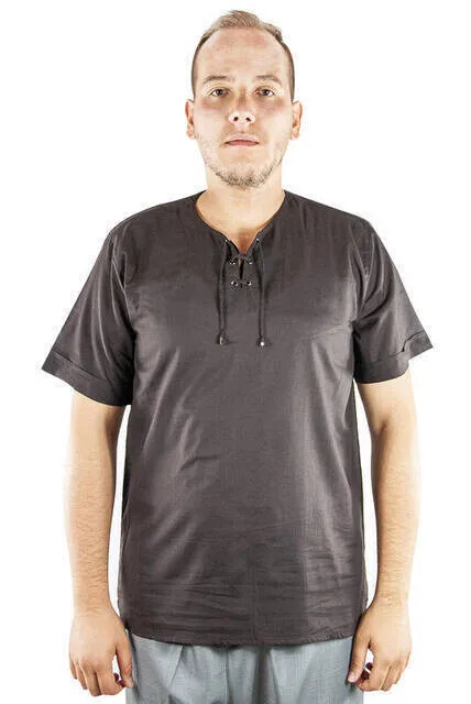 IQRAH Bike Collar Casual Cut Short Sleeve Linen Shirt-Coffee