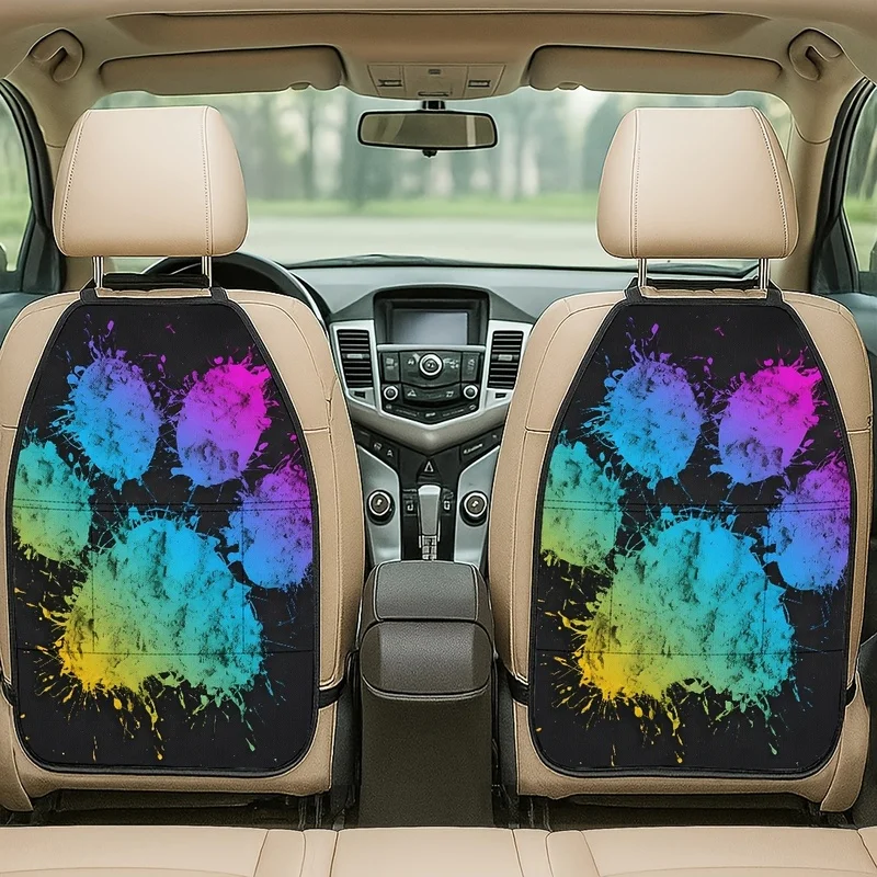 Car Seat Back Covers With Storage Pockets, Colorful Paint Splatter Pet Paw Print, For Pet Enthusiasts