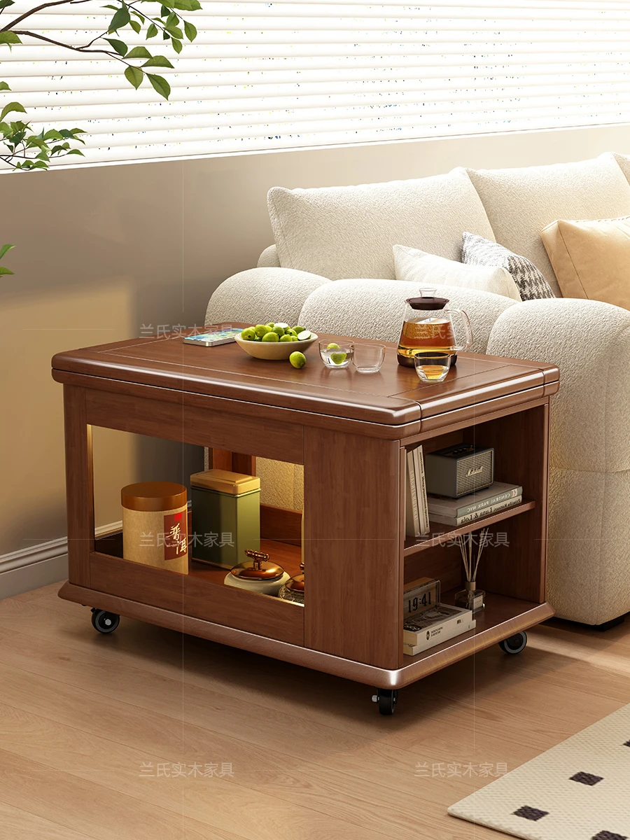 

Solid wood trolley, coffee table, household foldable mobile tea table, tea table, small apartment, living room, multi-functional