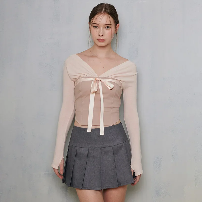 Women's V Neck Bandage Tube Top Light Pink Slim Long Sleeve Crop Tops Y2k Sweet Girl T Shirts Fashion Spring Autumn Tees YWFD021