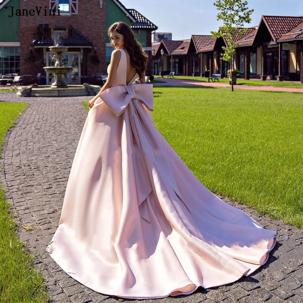 JaneVini New Romantic Long Prom Dress Deep V Neck senza maniche Big Bow Back A Line Satin Pink Birthday Dresses for Women personalizza